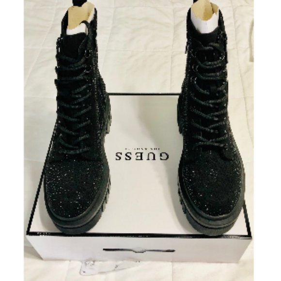 NEW with TAGS in BOX GUESS Ferine CRYSTAL Embellished Combat Boots - Picture 6 of 12